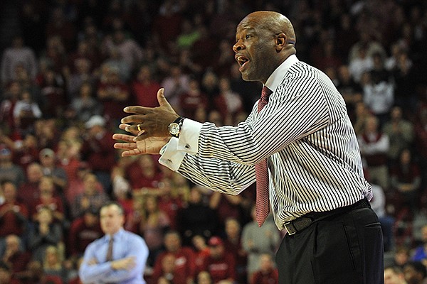 Arkansas coach Mike Anderson reacts to a call in the second half of Saturday afternoon's game against Florida at Bud Walton Arena in Fayetteville.
