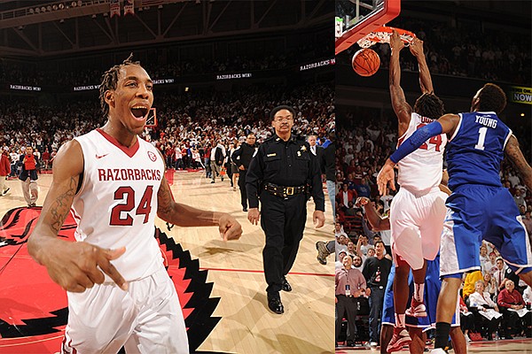 LEFT: Arkansas' Michael Qualls celebrates following Arkansas' 87-85 overtime win over No. 13 Kentucky at Bud Walton Arena on Jan. 14, 2014. RIGHT: Qualls dunks the basketball with 0.2 seconds remaining in overtime to give the Razorbacks the go-ahead score. 