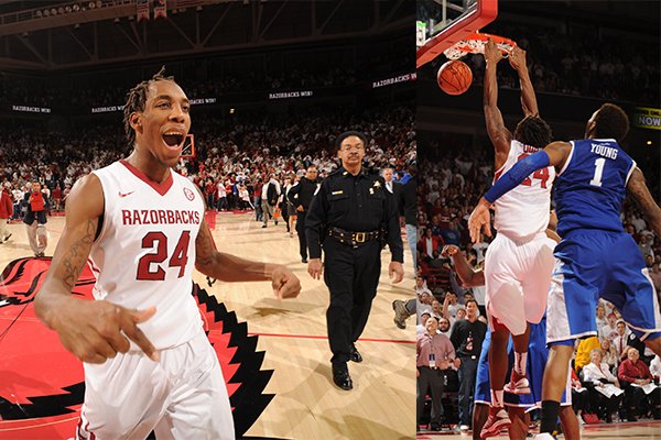 LEFT: Arkansas' Michael Qualls celebrates following Arkansas' 87-85 overtime win over No. 13 Kentucky at Bud Walton Arena on Jan. 14, 2014. RIGHT: Qualls dunks the basketball with 0.2 seconds remaining in overtime to give the Razorbacks the go-ahead score. 