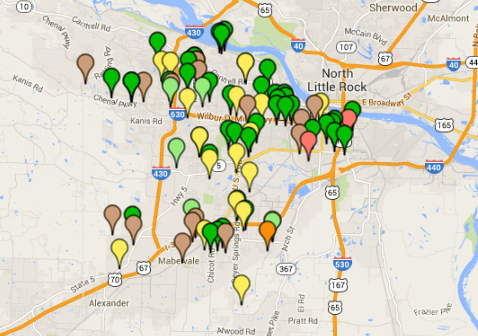 This screenshot from the Little Rock crime map shows the locations of crimes reported between Jan. 8 and Tuesday.