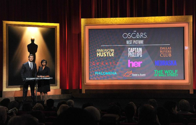 Chris Hemsworth and Cheryl Boone Isaacs, president of the Academy of Motion Picture Arts and Sciences, announce nominees for best picture Thursday in Beverly Hills, Calif. 