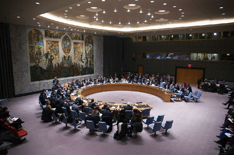 The United Nations Security Council meets at U.N. headquarters, Monday, Jan. 20, 2014. Ban Ki-moon told the Security Council on Monday morning that he will have more to say on his invitation for Iran to join this week's peace talks on Syria later in the day.(AP Photo/Craig Ruttle)
