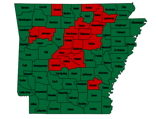 This map shows in red the counties under a burn ban Tuesday afternoon.