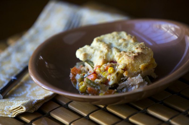 Chicken and Vegetable Cornbread Cobbler combines the flavors of a traditional pot pie but features a cornbread crust. 

