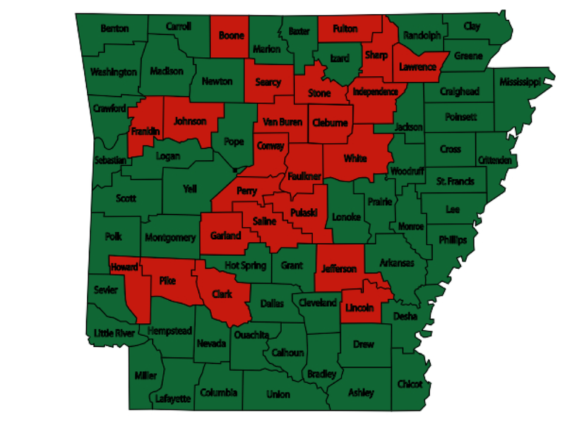 This map shows in red the Arkansas counties under a burn ban Wednesday, Jan. 22, 2014.