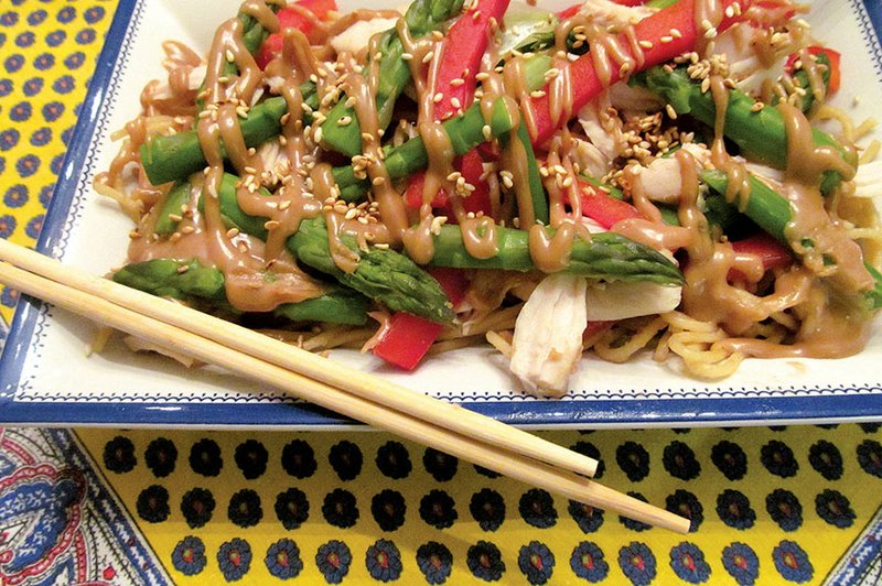 Familiar and comforting noodles form the base for the flavor of peanut butter in this slightly spicy peanut sauce. Fresh red peppers, asparagus and several spices elevate everyday peanut butter to a creamy, savory surprise in this one-dish meal.