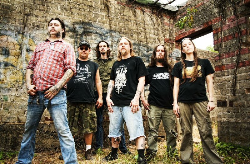 Little Rock metal legends Rwake — Chris Terry (from left), Kris Graves, John Judkins, Jeff Morgan, Kiffin Rodgers and Brittany Fugate and Chris Newman (not pictured) — headline a night of heavy music Friday at the Rev Room. 