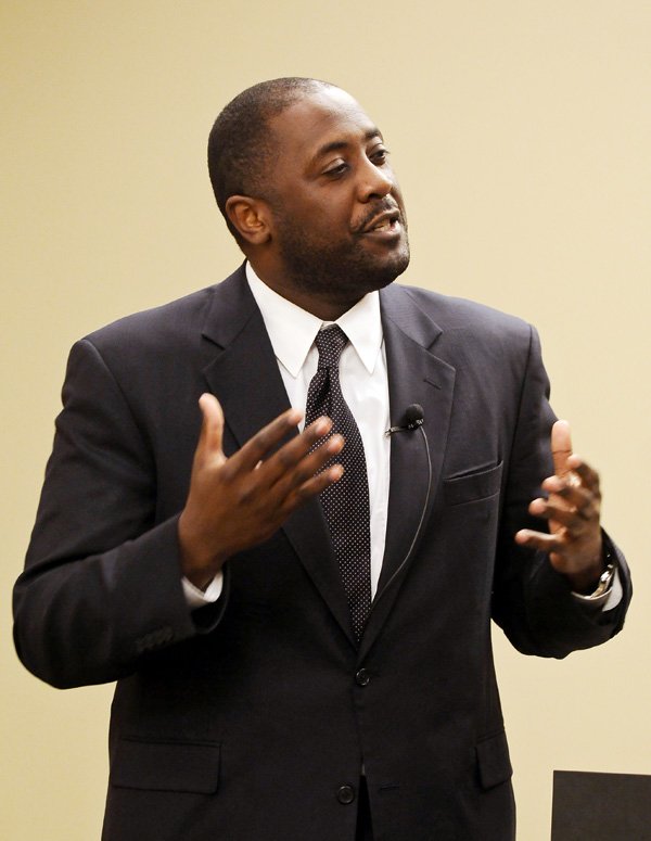 Dr. Calvin White, Jr., director of the African and African American Studies program at the University of Arkansas, gives a presentation titled 'Was it All a Dream?: Martin Luther King, Jr.'s Vision Today' on Thursday January 23, 2014 in the Becky Paneitz Student Center at Northwest Arkansas Community College in Bentonville.
