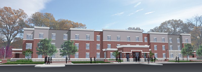 This architectural drawing depicts the residence hall that is under construction at Central Baptist College in Conway. The $6.7 million building, scheduled to be completed in August, is the first residence hall to be built on the campus in 49 years.