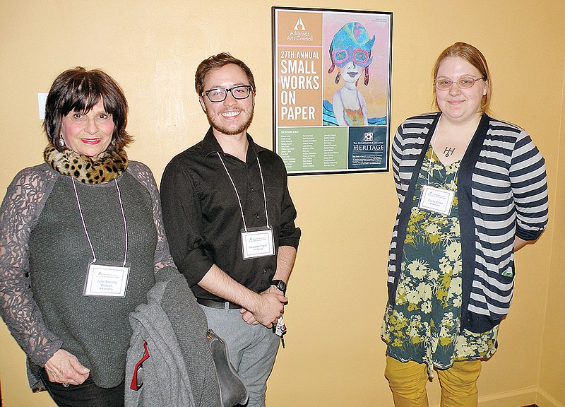 Five area artists are included in the 2014 Small Works on Paper touring exhibition. Attending the opening of the show Jan. 16 at the Arts and Science Center for Southeast Arkansas in Pine Bluff are, from the left, Jane Bonady Watson of Arkadelphia and Houston Fryer and Claire Cade, both art students at Henderson State University.