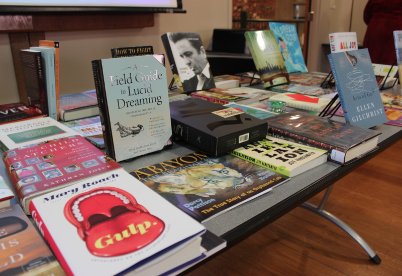 Books by authors who will be presenters during this year's Arkansas Literary Festival line a table during an announcement of the lineup Wednesday in Little Rock.