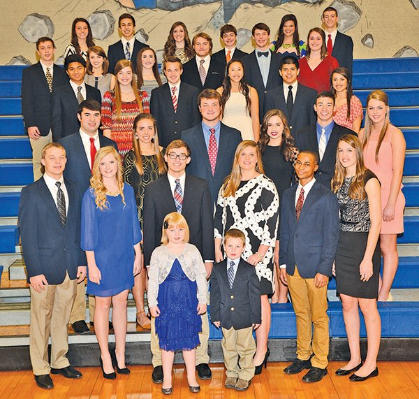 COURTESY PHOTO LIFETOUCH 
Colors Day 2014 will be celebrated at Rogers High School when the Mountaineers host Har-Ber High School’s Wildcats. The court includes, front row, crownbearer Jacqueline Renee Williams and basketball bearer Lucas Melson, second row, seniors Ty Galyean, Abigail Bailey, King Hunter Hill, Queen Alex Moisson, Xavier Smith and Olivia Paschal, third row, seniors Brett D’Amico, Marybelle Christine Childress, Brett Gentz, Cassandra Trexler, Chase Hall, Ruth Davis, fourth row, juniors Joshua Boaz, Callie King, Jake Mankin, Kimi Davis, Frankie Garcia and Ashley Lopez, fifth row, sophomores Paul Douglas Newman, Mary Katherine Echols, Sydney Duvall, Kyle Eason, George Black and Samantha Brown, sixth row, freshmen Samantha Haley, Phillip Necessary, Jessica Wallace, Luke McFadden, Madison Sandor, Andrew Greear.