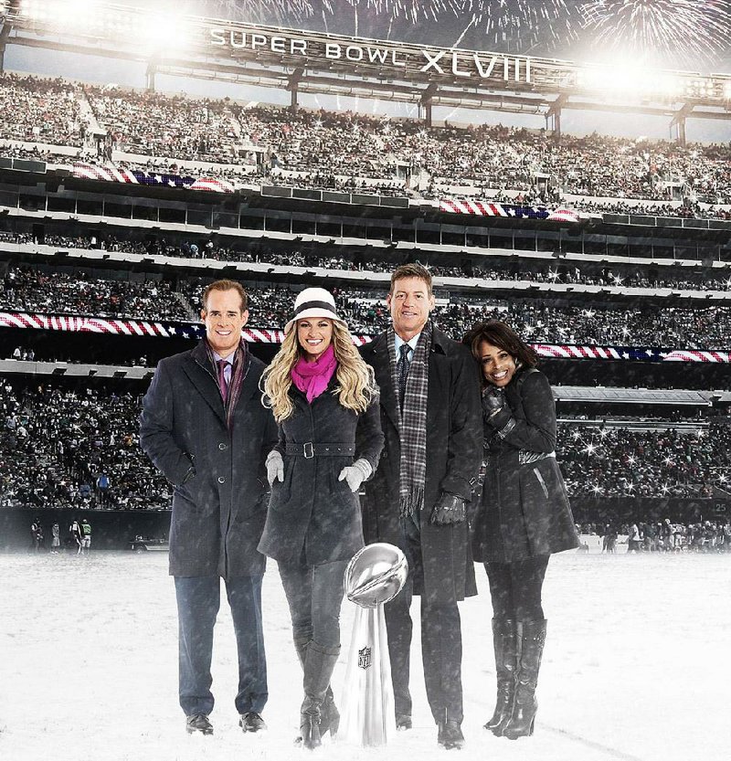 The broadcast team for today’s Super Bowl XLVIII includes (from left) Joe Buck, Erin Andrews, Troy Aikman and Pam Oliver. 