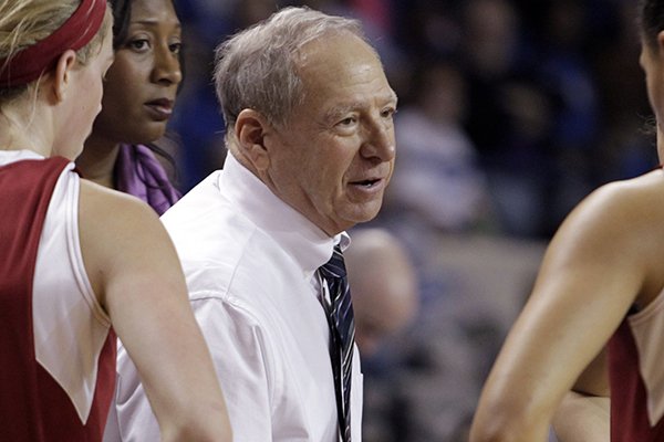 Arkansas head coach Tom Collen instructs his team during a timeout in the second half of NCAA college basketball game against Kentucky, Sunday, Jan. 26, 2014, in Lexington, Ky. Kentucky won 68-58. (AP Photo/James Crisp)