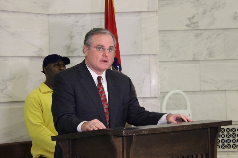 U.S. Sen. Mark Pryor criticized U.S. Rep. Tom Cotton in the Rotunda room at the Arkansas Capitol building Saturday, Feb. 1, 2014 for voting against the farm bill that passed the House 251-166 earlier in the week. Cotton, who represents the 4th District in the House, is running for Pryor's seat. 