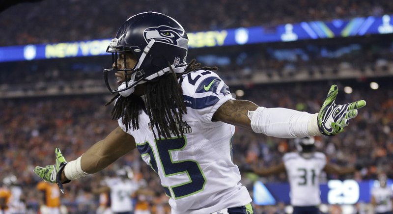 Seattle Seahawks' Richard Sherman (25) reacts during the second half of the NFL Super Bowl XLVIII football game against the Denver Broncos Sunday in East Rutherford, N.J.