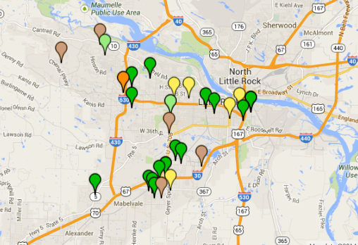 This screenshot from the Right2Know Little Rock crime map shows the locations of crimes reported Friday through Sunday in Little Rock.
