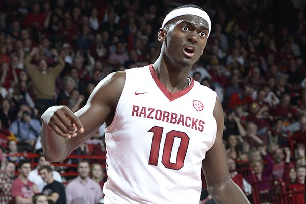 Arkansas' Bobby Portis (10) reacts to a foul against Missouri in the second half Tuesday, Jan. 28, 2014 at Bud Walton Arena in Fayetteville. 