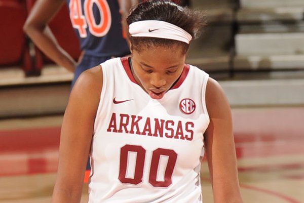 Arkansas freshman Jessica Jackson (00) reacts to a turnover during the second half of play Sunday, Feb. 2, 2014, at Bud Walton Arena in Fayetteville.