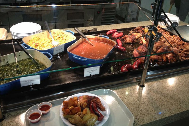Green Leaf Grill, in the Blue Cross Blue Shield building, 601 S. Gaines St., Little Rock, offers breakfast and lunch selections (pictured: chicken, smoked sausage and vegetables) in a modern food-court setup. 