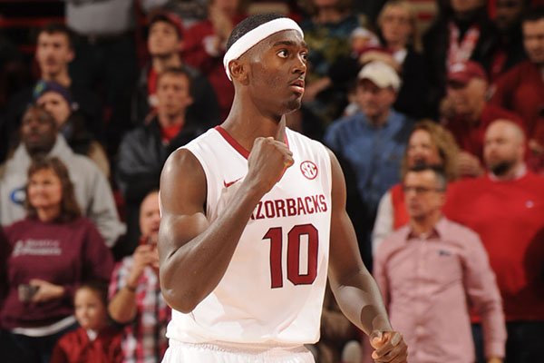 Arkansas freshman Bobby Portis celebrates during the closing moments of the second half of play against Alabama Wednesday, Feb. 5, 2014, in Bud Walton Arena in Fayetteville.