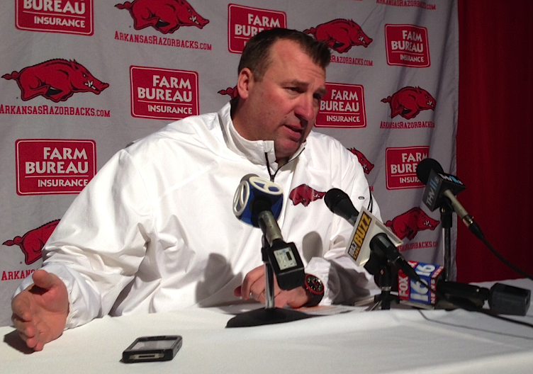 Arkansas head coach Bret Bielema talks during Signing Day in the Rock on Feb. 6, 2014, at the Clear Channel Metroplex in Little Rock.