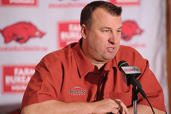 Arkansas coach Bret Bielema speaks during a National Signing Day ceremony Wednesday, Feb. 5, 2014, at the university's football complex.