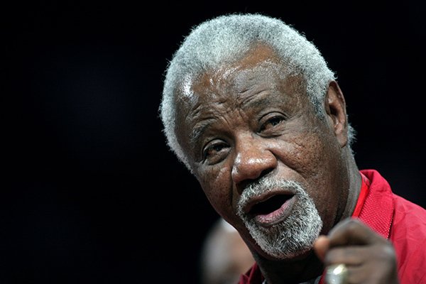 Former Arkansas head coach Nolan Richardson fires up the crowd during a halftime ceremony in honor of the 1994 NCAA Championship team during a game against Georgia Sunday, March 1, 2009 at Bud Walton Arena in Fayetteville.