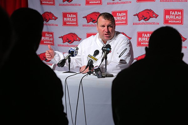 Bret Bielema speaks prior to an event in Little Rock on Feb. 6. 