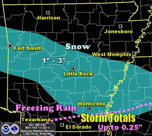 One to three inches of snow is expected across the central third of Arkansas into the southeast counties. South of the snow, freezing rain is expected toward the Louisiana border. Spotty tenth to quarter inch ice accruals are not out of the question. Precipitation should wind down early on the 11th.