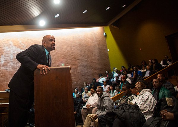 Arkansas Democrat-Gazette/MELISSA SUE GERRITS 
Kenneth Jones, dean of student affairs for Shorter College, addresses students during chapel service. The service consisted of prayer, singing, a lecture and a review of the core values of the school.