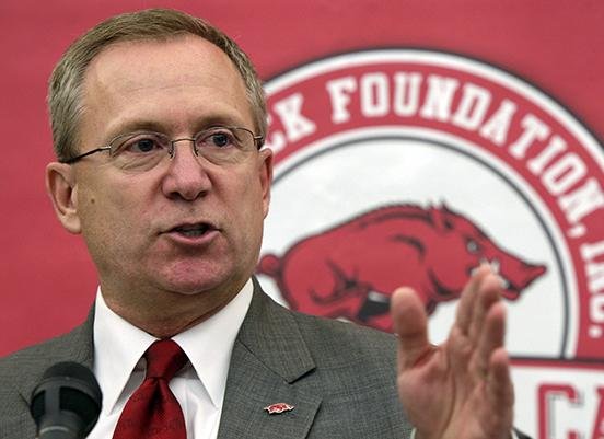 University of Arkansas Athletic Director Jeff Long speaks to reporters in Little Rock, Ark., Thursday, Aug. 12, 2010, about the increased donation to the Razorback Foundation, Inc. (AP Photo/Danny Johnston)