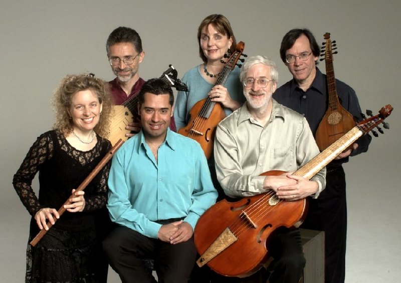 The Baltimore Consort — (front row) Mindy Rosenfeld, Jose Lemos, Larry Lipkis, (back row) Ronn McFarlane, Mary Anne Ballard and Mark Cudek — performs a program of love songs Friday at Harding University in Searcy. 