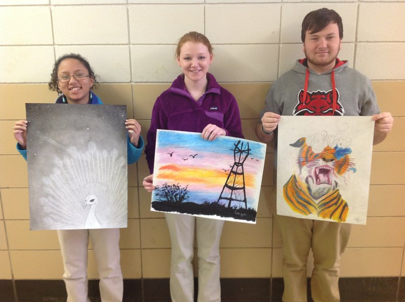 Several members of the Newport High School Art Club will participate in the Delta Visual Arts Show on Saturday. Among those attending were,  from the left, Regan Williams with her artwork Midnight, Katie Lewis with The Sunset and Chris Heisler with Psychedelic Tiger. Brian Hickey is the art teacher at the high school, as well as the sponsor of the art club. He also will participate in the show and present a workshop for children 4 to 8.