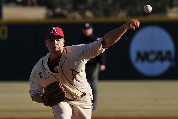 Arkansas pitcher Jalen Beeks fires a pitch during the first inning of the Razorbacks' season opener against Appalachian State Friday afternoon at Baum Stadium in Fayetteville.