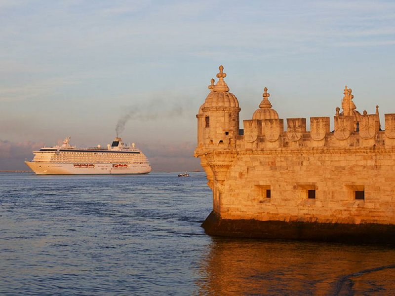 The Crystal Cruises’ Serenity sails off the coast of Lisbon, Portugal. Biking tours in port cities have become a regular offering on Crystal Cruises. Seeing a city from a bicycle is very different from seeing the city on a bus. 
