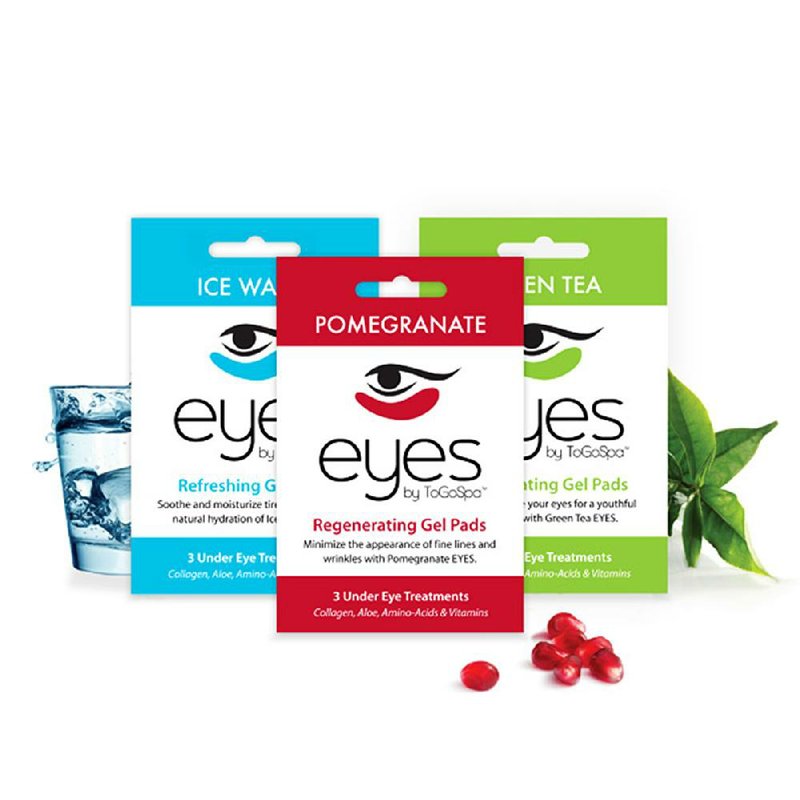Help for the puffy-eyed: Eyes by ToGoSpa is offered in three flavors and packs a number of ingredients to battle crow’s feet and under-eye bags, among other benefits. 
