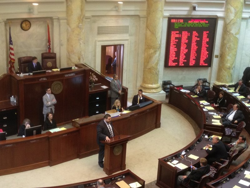 State Rep. Bob Ballinger, R-Hindsville, speaks Wednesday, Feb. 19, 2014, against a bill to fund of the state's private option Medicaid expansion.