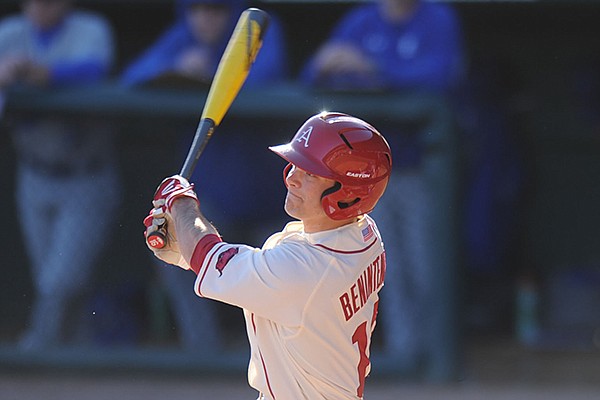 Arkansas center fielder Andrew Benintendi connects with his first hit as a Razorback, an RBI double during the third inning against Eastern Illinois Friday, Feb. 21, 2014, at Baum Stadium in Fayetteville.