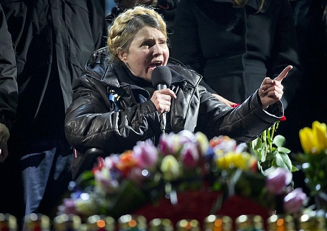Fresh out of prison, former Ukrainian Prime Minister Yulia Tymoshenko addresses a crowd of 50,000 Saturday night in Kiev’s Independence Square. “Today a dictatorship fell,” she declared. 
