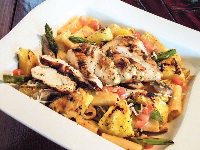 The Kamikaze Pasta is a top seller with grilled jerk chicken, grilled pineapple, asparagus, mushrooms and tomatoes on rigatoni with a spicy cream sauce.