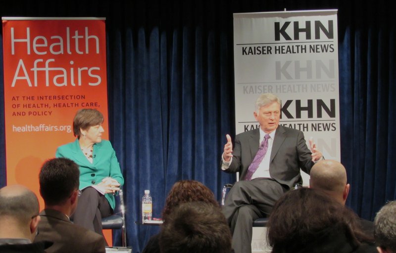 Gov. Mike Beebe speaks with Kaiser Health News Senior Correspondent Mary Agnes Carey (left) about Arkansas' private option plan to expand Medicaid at a media-only forum at the Kaiser Family Foundation in Washington on Monday, Feb. 24, 2014.
