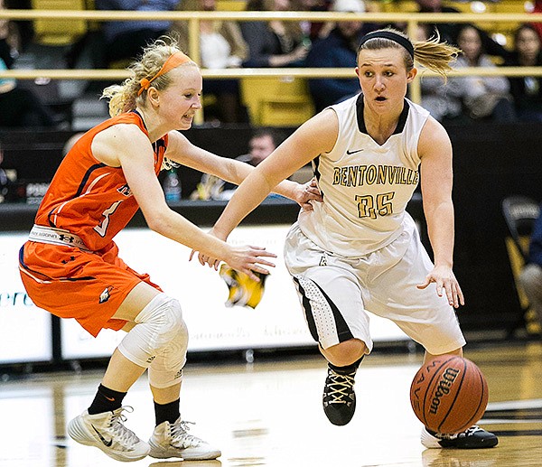FILE PHOTO DAVID J. BEACH 
Deanna Adkins of Bentonville dribbles Jan. 7 as Rogers Heritage’s Emily Seiler defends at Tiger Arena in Bentonville. Adkins is the Girls NWA Media 7A/6A-West Player of the Week.