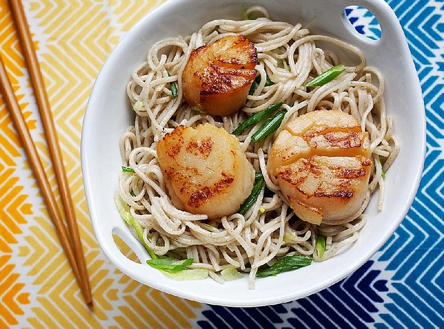 Miso-Marinated Scallops on Soba Noodles 
