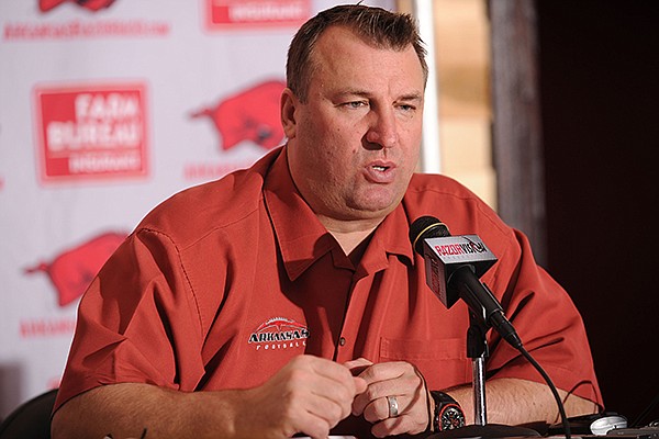Arkansas coach Bret Bielema speaks during a National Signing Day ceremony Wednesday, Feb. 5, 2014, at the university's football complex.