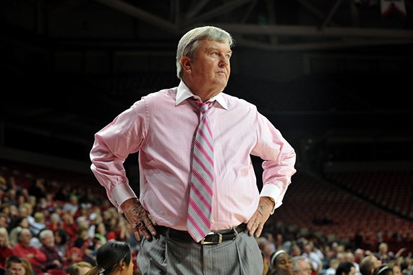 Texas A&M coach Gary Blair walks the sideline during a Jan. 6, 2013 game at Bud Walton Arena in Fayetteville.