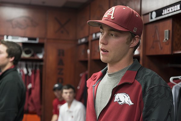 Trey Killian, Arkansas sophomore pitcher, talks with the media Friday, Feb. 7, 2014 at the University of Arkansas baseball media day at Baum Stadium in Fayetteville.