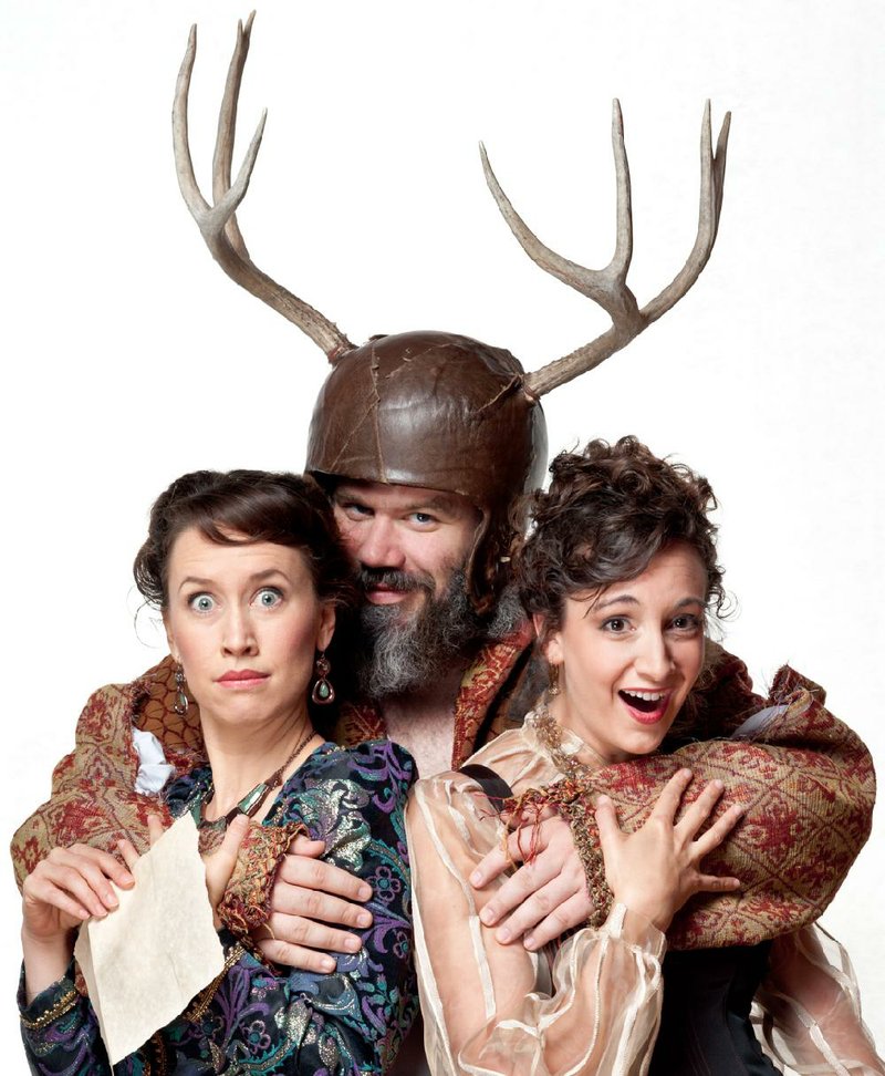 Bridget Rue (left) and Stephanie Holladay Earl are The Merry Wives of Windsor to Rick Blunt’s Falstaff in the American Shakespeare Center’s touring production of the Shakespeare play. Historic Washington State Park hosts the touring troupe during Shakespeare in the Park, Friday-Saturday. 