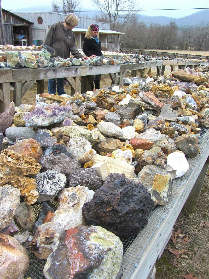 An array of crystals is displayed outdoors for buyers and browsers at Wegner’s Quartz Crystal Mines & Museum near Mount Ida. 