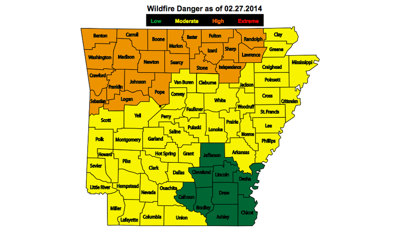 This map provided by the Arkansas Forestry Commission shows the levels of wildfire danger throughout the state as of Thursday, Feb. 27, 2014.